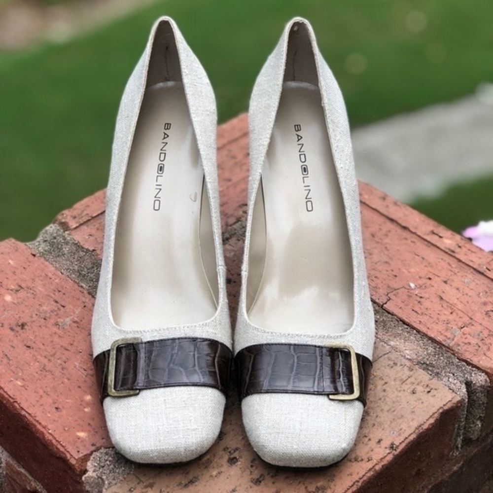 Bandolino Cream Fabric Pumps with Brown Croc Strap and Gold Buckle